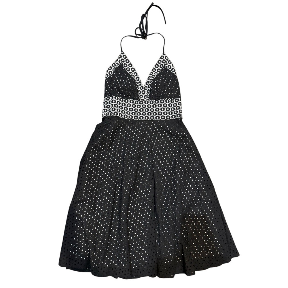 Phoebe Couture Black Eyelet‎ Halter Dress White Floral Embroidery Size 10 NWT